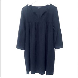Theory Wool Crepe Navy Babydoll Split Neck Dress w/ Bell Sleeves Medium